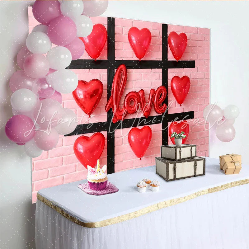 Lofaris Red Heart Balloons and Love Tic-Tac-Toe Party Backdrop Romantic Valentine’s Day Celebration Decor