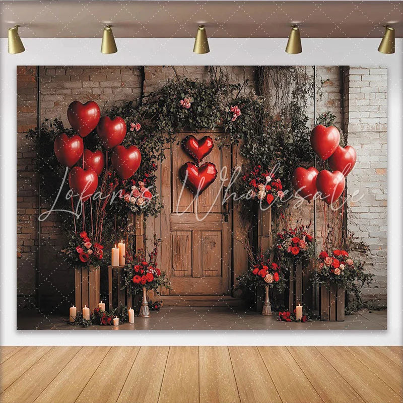 Lofaris Red Heart Balloons Valentines Day Backdrop with Roses and Candles Rustic Brick Wall Photo Background for Romantic Party Decor