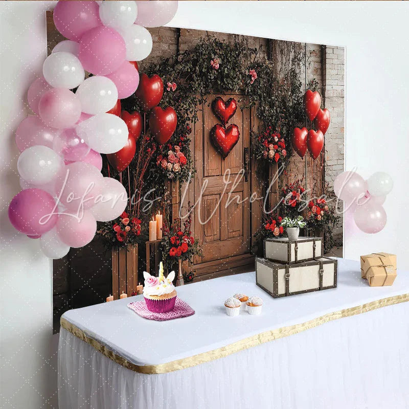 Lofaris Red Heart Balloons Valentines Day Backdrop with Roses and Candles Rustic Brick Wall Photo Background for Romantic Party Decor