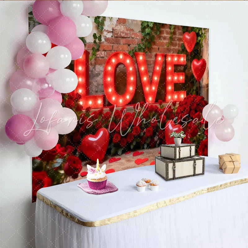 Lofaris Red Illuminated LOVE Letters and Roses Heart Balloons Party Backdrop Romantic Valentine’s Day Anniversary Decor