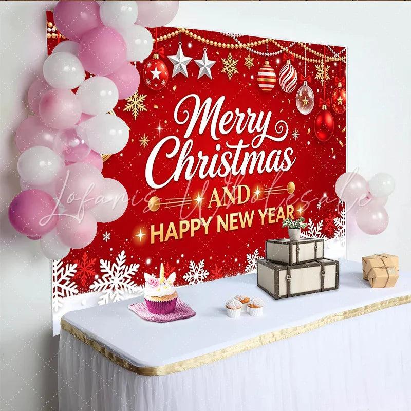 Lofaris Red Merry Christmas and Happy New Year Holiday Backdrop Golden Ornaments and Snowflakes Background for Festive Party Decor