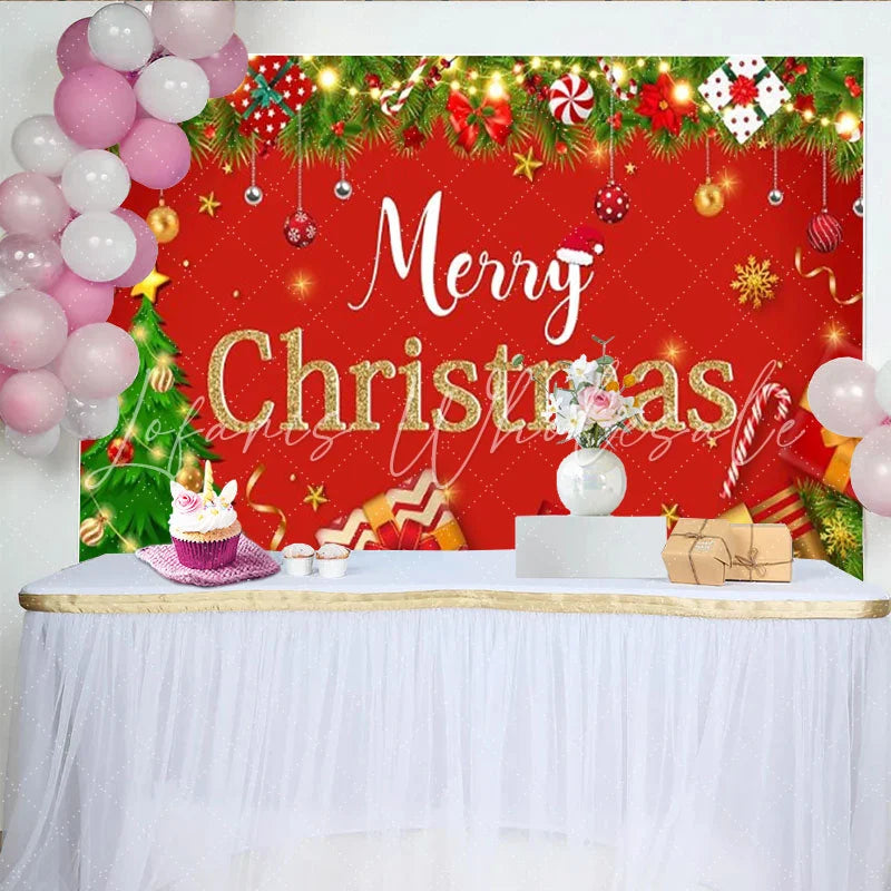Lofaris Red Merry Christmas Backdrop Classic Xmas Tree Gifts Ornaments Background Winter Holiday Family Party Photo Booth Prop