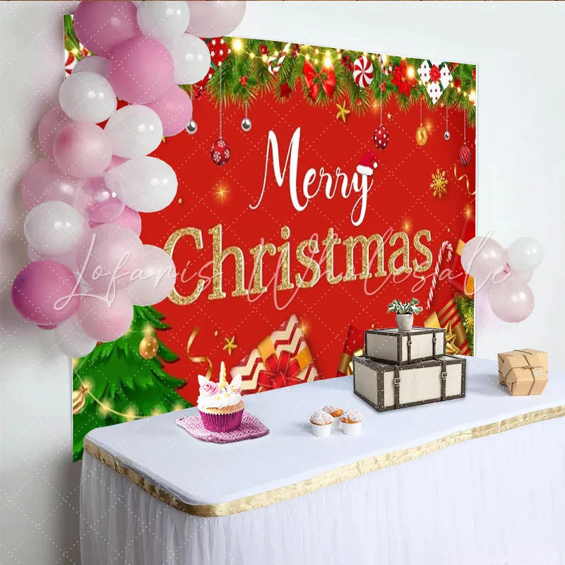 Lofaris Red Merry Christmas Backdrop Classic Xmas Tree Gifts Ornaments Background Winter Holiday Family Party Photo Booth Prop