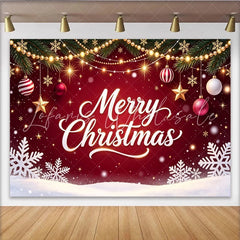 Lofaris Red Merry Christmas Backdrop with Pine Branches and Ornaments Festive Winter Holiday Background for Party Decor