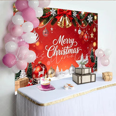 Lofaris Red Merry Christmas Backdrop with Snowflakes and Bells Festive Holiday Photography Background for Winter Party Decor