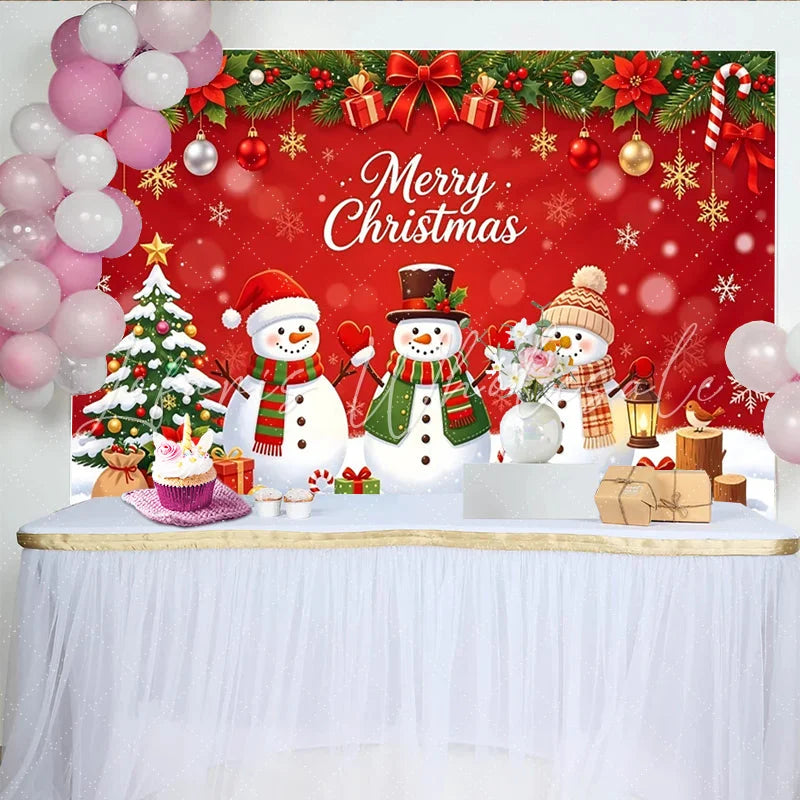 Lofaris Red Merry Christmas Backdrop with Snowmen and Christmas Tree Winter Holiday Party Photography Background