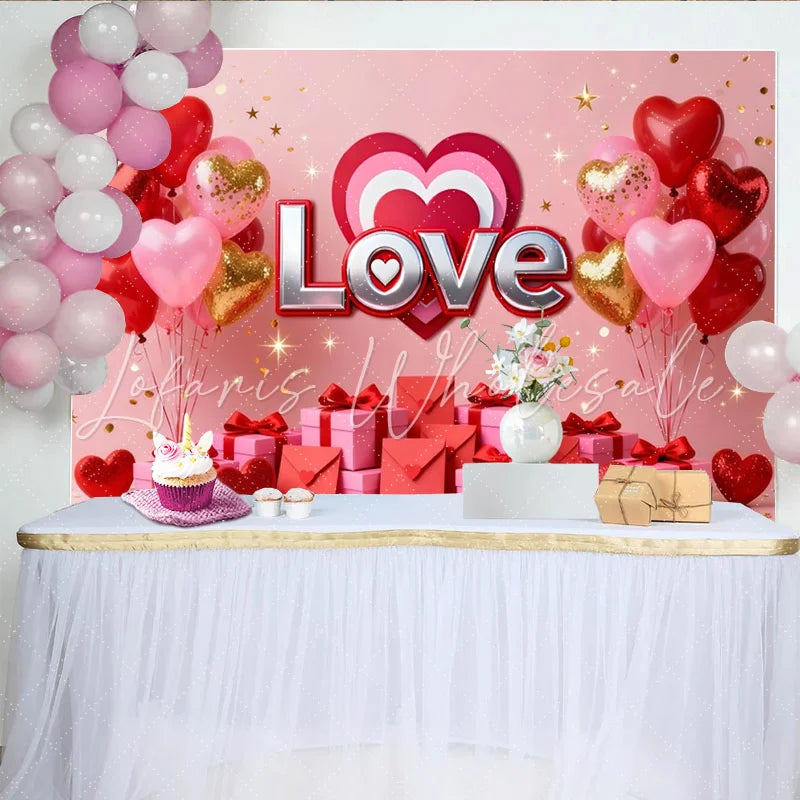 Lofaris Red Pink Gold Love Heart Balloons and Gifts Party Backdrop Romantic Valentine’s Day Anniversary Decor