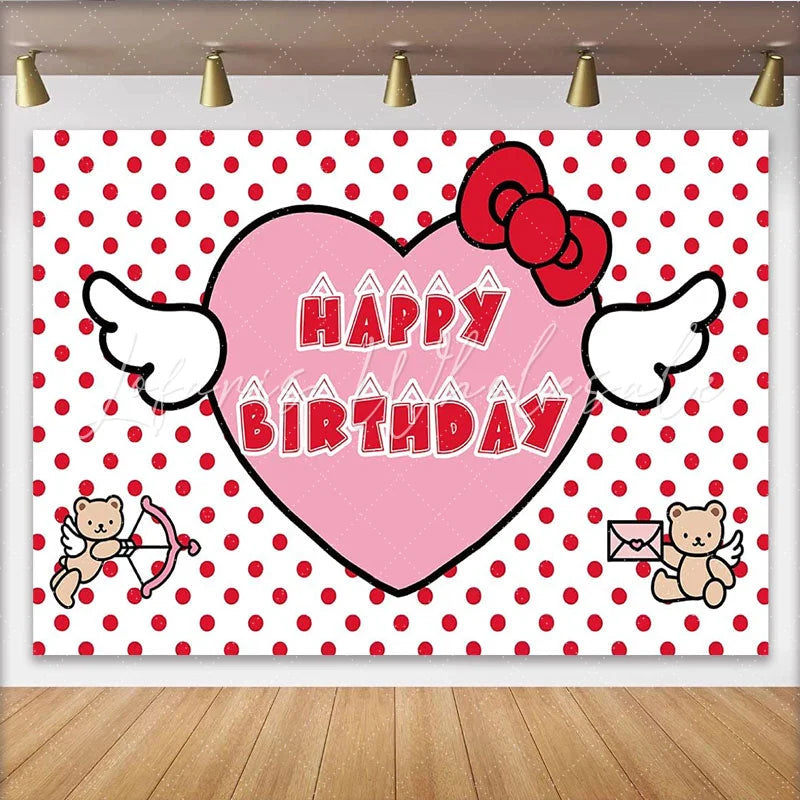 Lofaris Red Polka Dot Heart Birthday Backdrop with Cute Winged Bears Sweet Party Background for Girls Celebration Photo Booth Decor