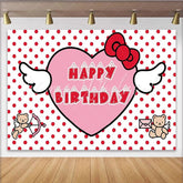 Lofaris Red Polka Dot Heart Birthday Backdrop with Cute Winged Bears Sweet Party Background for Girls Celebration Photo Booth Decor