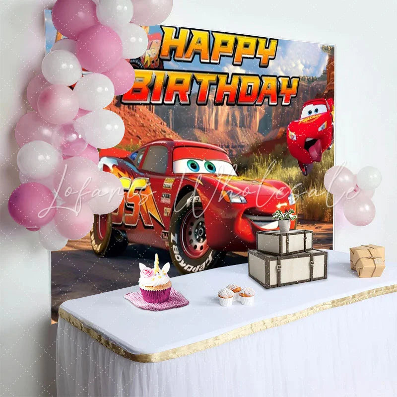 Lofaris Red Race Car Happy Birthday Backdrop Desert Canyon Racing Theme Party Decoration