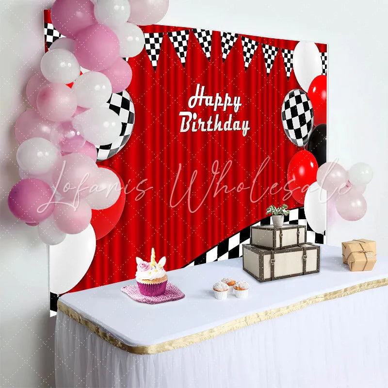 Lofaris Red Racing Happy Birthday Backdrop with Checkered Flags and Balloons Party Photography Background Decor