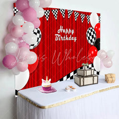 Lofaris Red Racing Happy Birthday Backdrop with Checkered Flags and Balloons Party Photography Background Decor