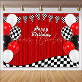 Lofaris Red Racing Happy Birthday Backdrop with Checkered Flags and Balloons Party Photography Background Decor