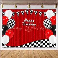 Lofaris Red Racing Happy Birthday Backdrop with Checkered Flags and Balloons Party Photography Background Decor