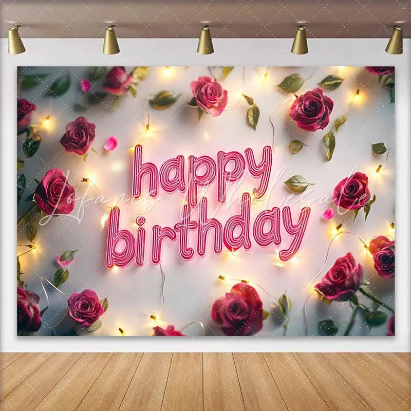Lofaris Red Rose and Fairy Lights Happy Birthday Backdrop Romantic Floral Womens Party Photography Background