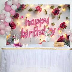 Lofaris Red Rose and Fairy Lights Happy Birthday Backdrop Romantic Floral Womens Party Photography Background