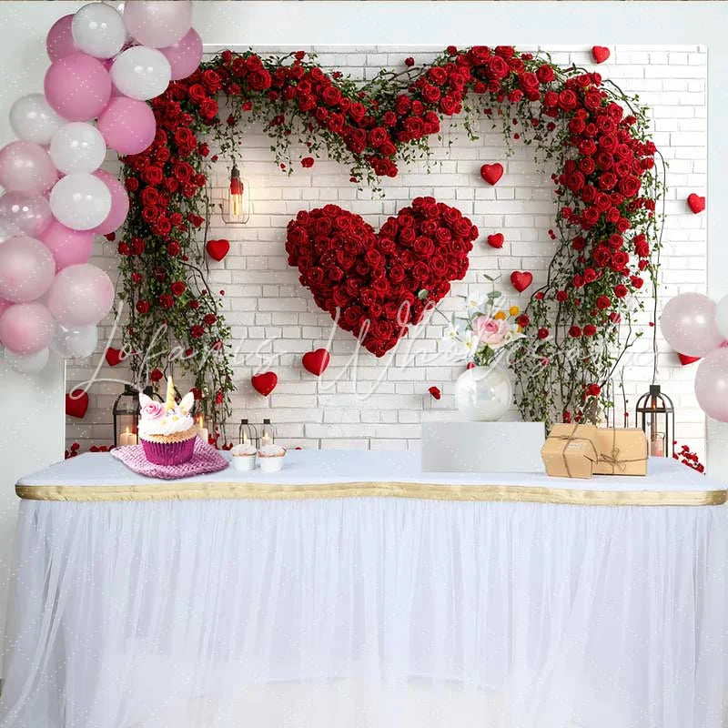Lofaris Red Rose Heart Arch Backdrop White Brick Wall Floral Valentine’s Day Wedding Party Decoration Romantic Photo Studio Prop