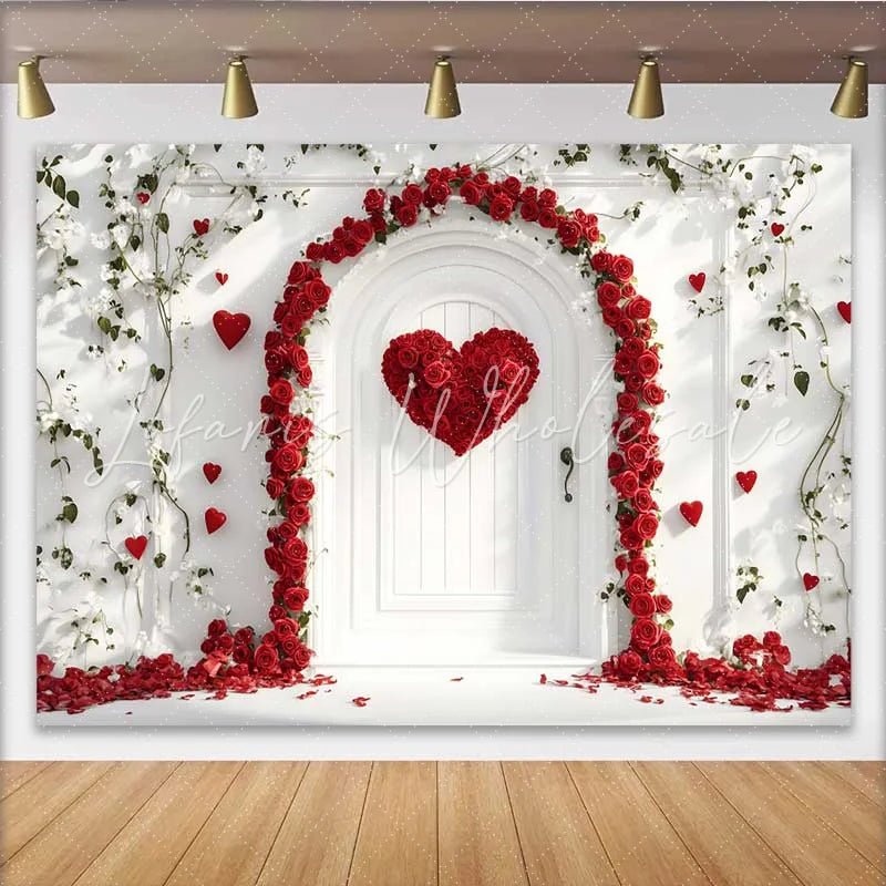 Lofaris Red Rose Heart Arch Backdrop White Door and Green Vines for Valentine’s Day Romantic Wedding Photography Background