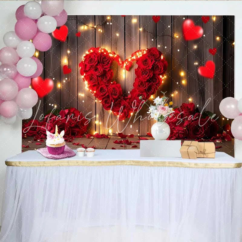 Lofaris Red Rose Heart Valentines Day Backdrop Glowing Fairy Lights and Rustic Wood Party Decoration