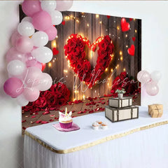 Lofaris Red Rose Heart Valentines Day Backdrop Glowing Fairy Lights and Rustic Wood Party Decoration
