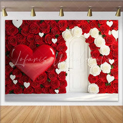 Lofaris Red Rose Wall Backdrop with White Door 3D Heart and Floral Wedding Decoration Romantic Valentine’s Day Photography Prop