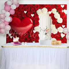 Lofaris Red Rose Wall Backdrop with White Door 3D Heart and Floral Wedding Decoration Romantic Valentine’s Day Photography Prop