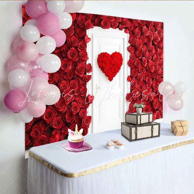 Lofaris Red Rose Wall Backdrop with White Door Floral Heart Wreath for Valentine’s Day Romantic Wedding Photography Background