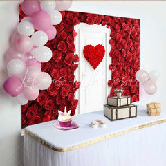 Lofaris Red Rose Wall Backdrop with White Door Floral Heart Wreath for Valentine’s Day Romantic Wedding Photography Background