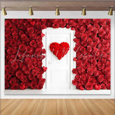 Lofaris Red Rose Wall Backdrop with White Door Floral Heart Wreath for Valentine’s Day Romantic Wedding Photography Background