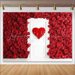 Lofaris Red Rose Wall Backdrop with White Door Floral Heart Wreath for Valentine’s Day Romantic Wedding Photography Background