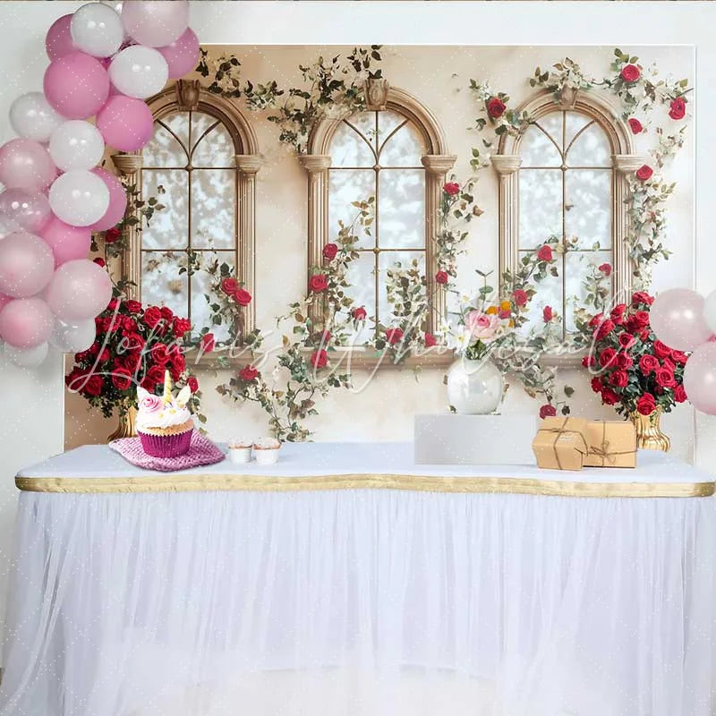 Lofaris Red Rose Window Arch Backdrop Gold Vase Floral Wedding Background Valentines Day Photo Shoot Prop