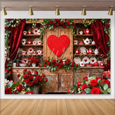 Lofaris Red Roses and Hearts Rustic Cabinet Party Backdrop Vintage Valentine’s Day Celebration and Romantic Decor