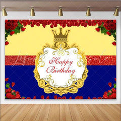 Lofaris Red Roses Golden Crown Happy Birthday Backdrop Yellow and Blue Royal Party Background