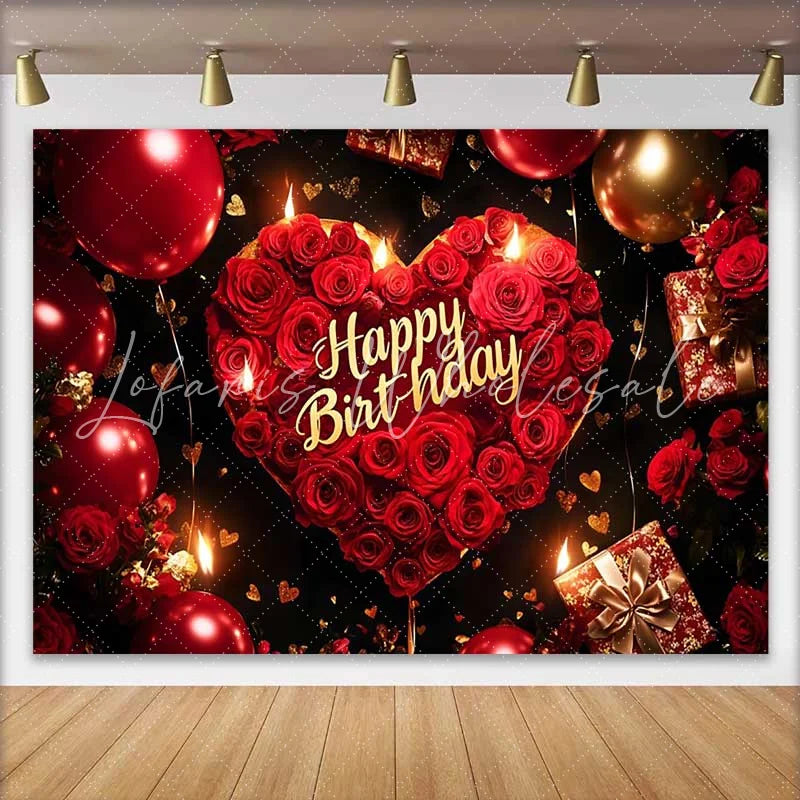 Lofaris Red Roses Heart Happy Birthday Backdrop Gold Balloons and Gifts for Elegant Party Celebration