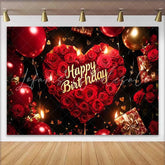 Lofaris Red Roses Heart Happy Birthday Backdrop Gold Balloons and Gifts for Elegant Party Celebration
