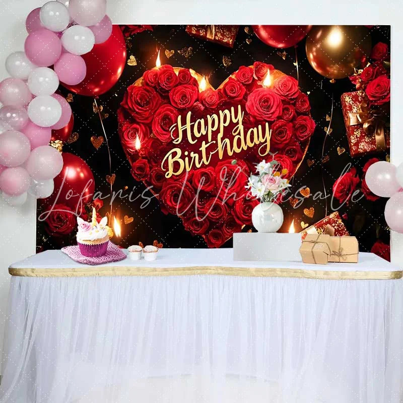 Lofaris Red Roses Heart Happy Birthday Backdrop Gold Balloons and Gifts for Elegant Party Celebration