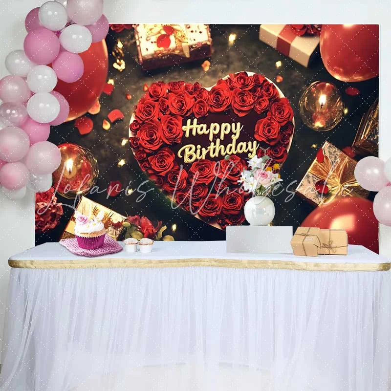 Lofaris Red Roses Heart Happy Birthday Backdrop Romantic Celebration Party Decor with Balloons and Gifts