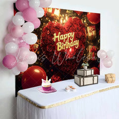 Lofaris Red Roses Heart Happy Birthday Backdrop with Golden Gifts and Balloons Elegant Celebration Party Decor