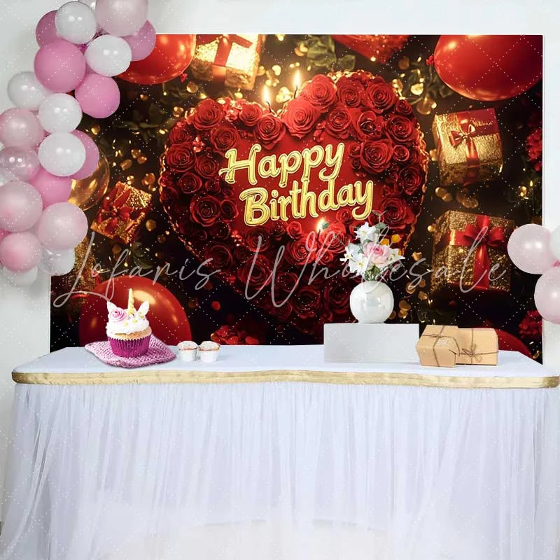 Lofaris Red Roses Heart Happy Birthday Backdrop with Golden Gifts and Balloons Elegant Celebration Party Decor