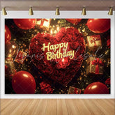 Lofaris Red Roses Heart Happy Birthday Backdrop with Golden Gifts and Balloons Elegant Celebration Party Decor