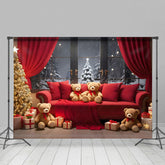 Lofaris Red Sofa Teddy Bear Curtain Window Tree Xmas Backdrop
