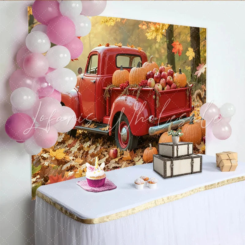 Lofaris Red Truck Autumn Harvest Holiday Backdrop with Pumpkins and Falling Leaves Rustic Fall Festival for Thanksgiving Party Decor