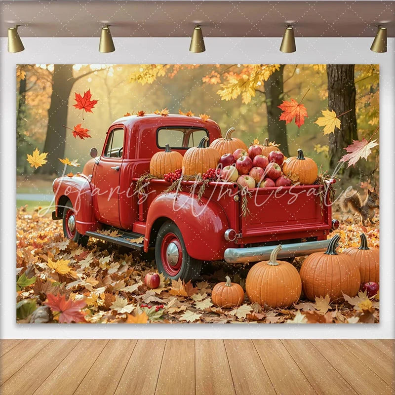 Lofaris Red Truck Autumn Harvest Holiday Backdrop with Pumpkins and Falling Leaves Rustic Fall Festival for Thanksgiving Party Decor