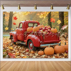 Lofaris Red Truck Autumn Harvest Holiday Backdrop with Pumpkins and Falling Leaves Rustic Fall Festival for Thanksgiving Party Decor