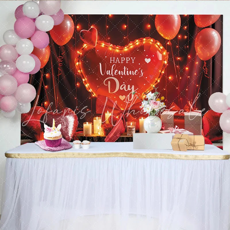 Lofaris Red Valentine’s Day Party Backdrop with Illuminated Heart Balloon Romantic Lights and Gift Boxes Decor