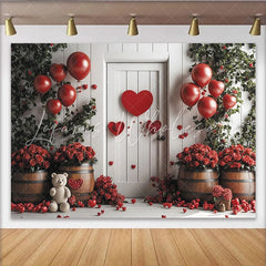 Lofaris Red Valentines Day Backdrop with Heart Balloons Roses and White Door Romantic Photo Background for Couple Party Decor