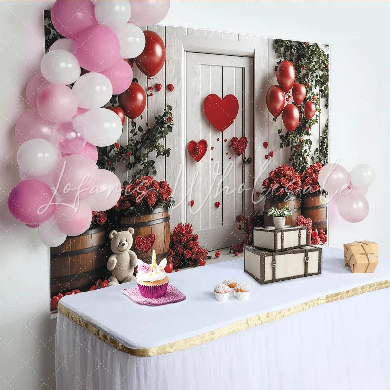 Lofaris Red Valentines Day Backdrop with Heart Balloons Roses and White Door Romantic Photo Background for Couple Party Decor
