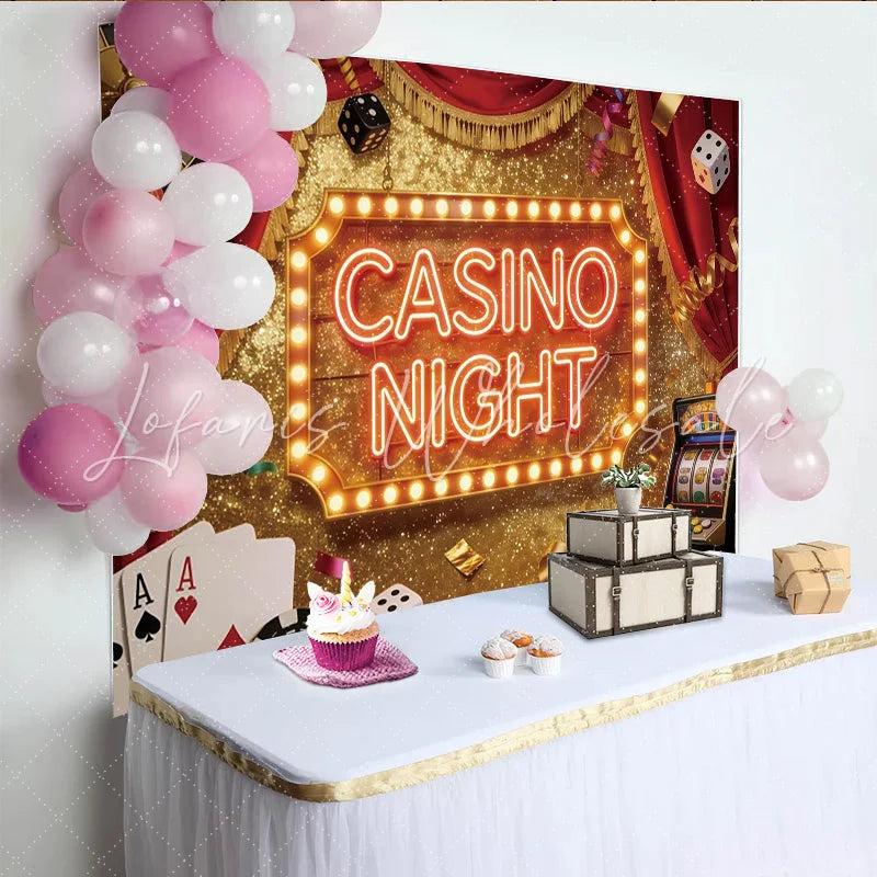Lofaris Red Velvet Casino Night Party Backdrop with Glitter and Game Elements Luxurious Gambling Theme Background for Adult Event