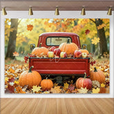 Lofaris Red Vintage Truck Autumn Photography Backdrop with Pumpkins and Apples Fall Harvest Studio Background for Seasonal Decor