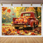 Lofaris Red Vintage Truck Thanksgiving Backdrop with Pumpkins and Autumn Leaves Fall Harvest Photography Background for Seasonal Decor